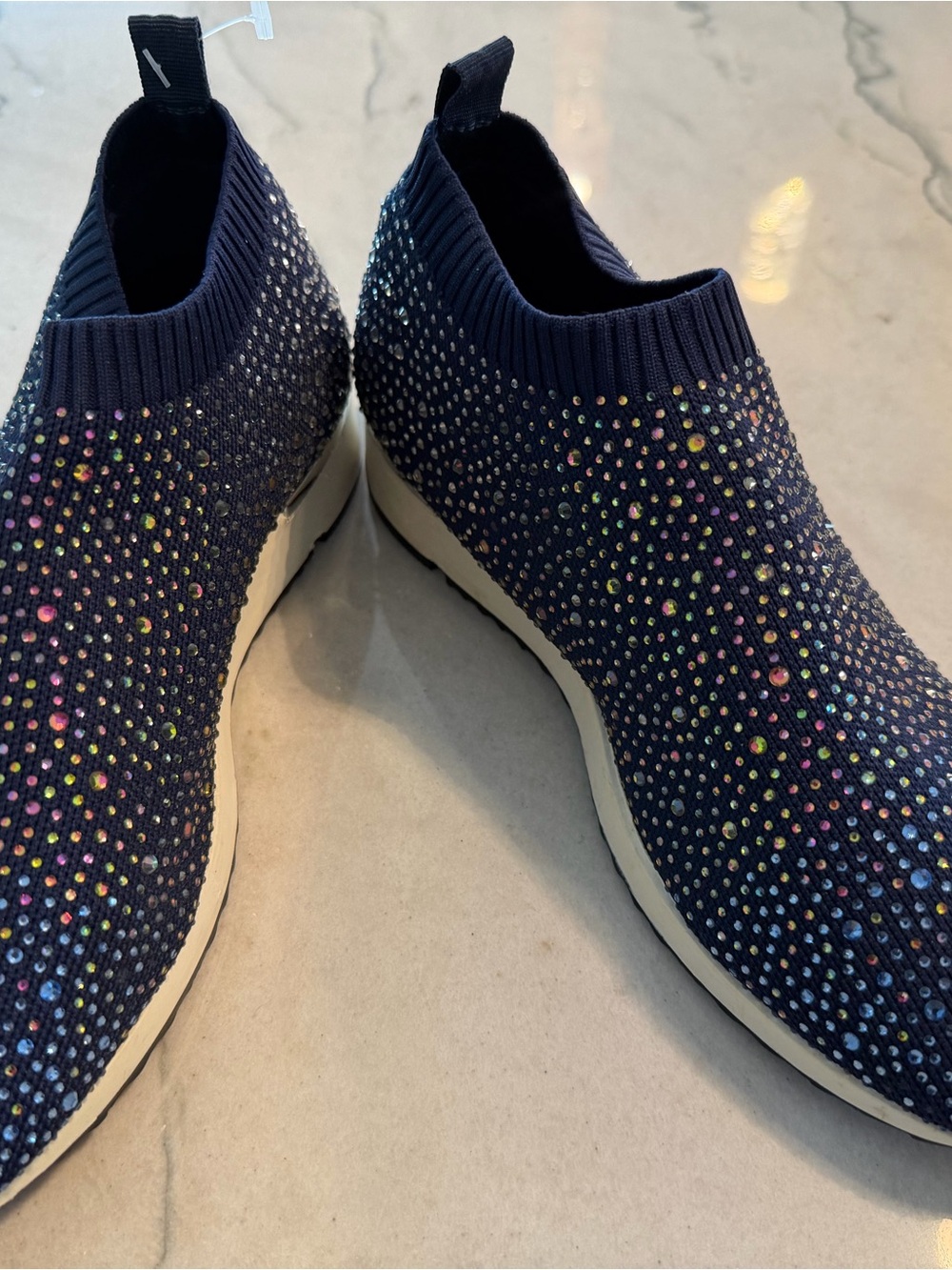 Embellished Knit Slip-On Sneakers in Navy by Carvela Size 38/8-8.5